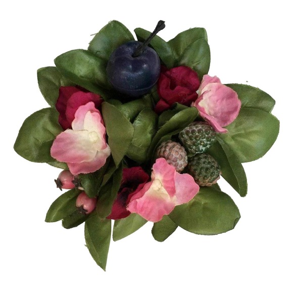 Floral Candle Ring Centerpiece Pink Silk Flowers Leaves Mold Berries Table Decor - Picture 1 of 3